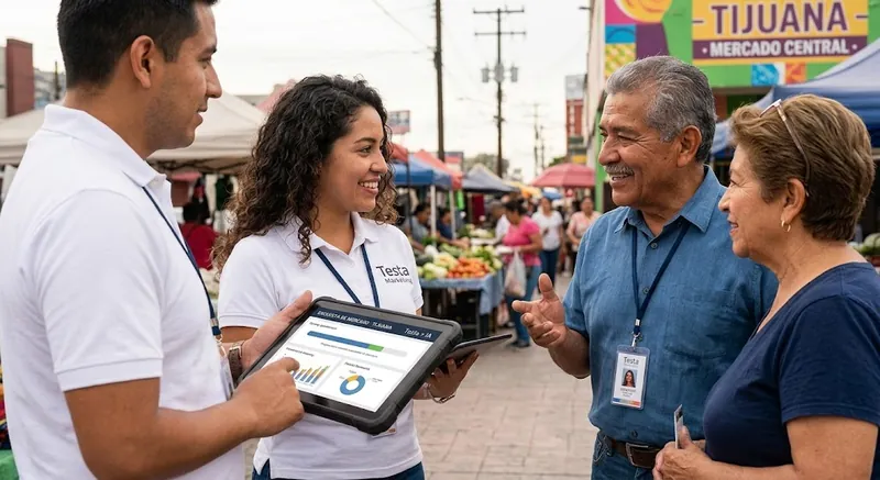 Encuestadores de Testa con tableta entrevistando en un mercado de Tijuana